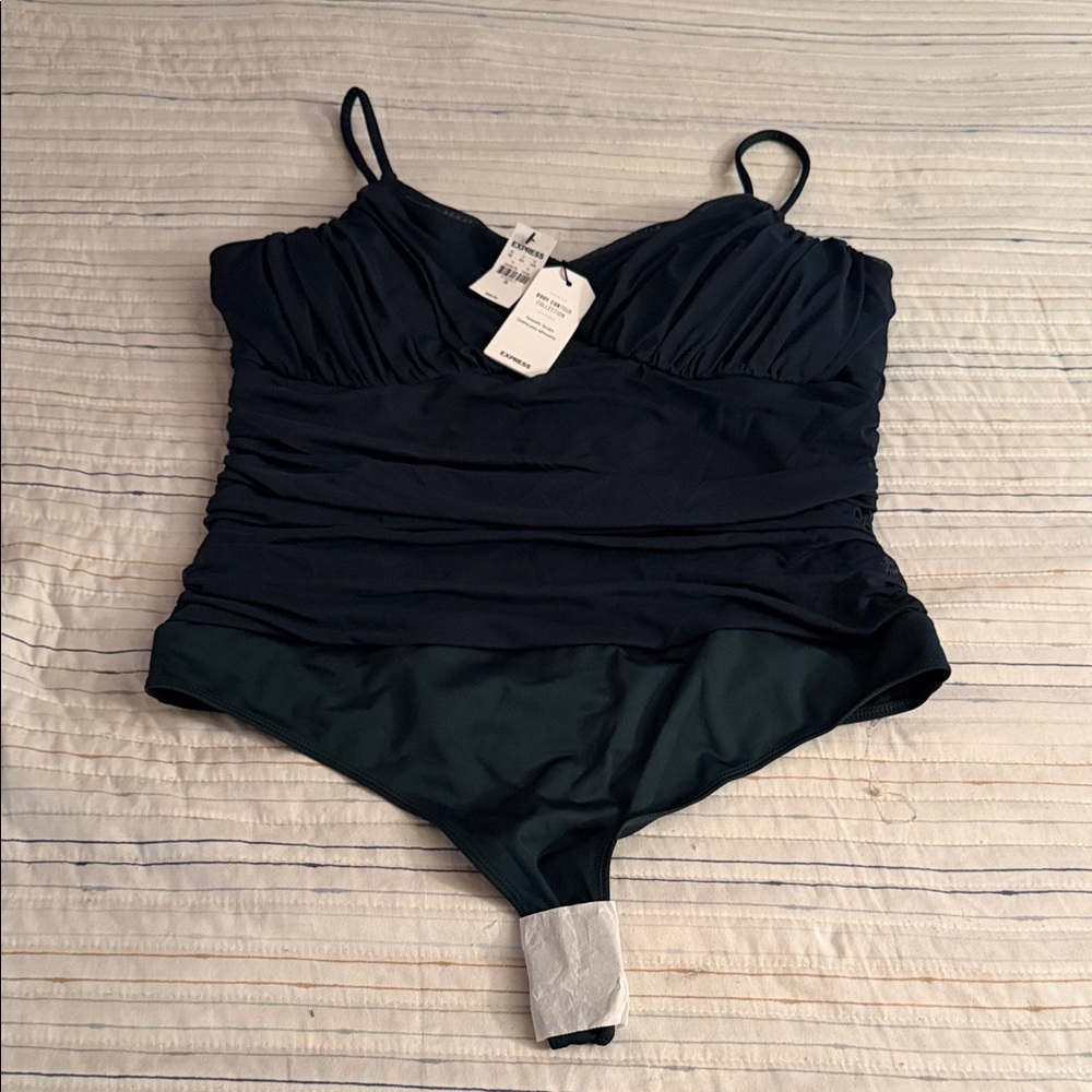 Express Emerald Body Contour Ruched Mesh V-Neck Bodysuit